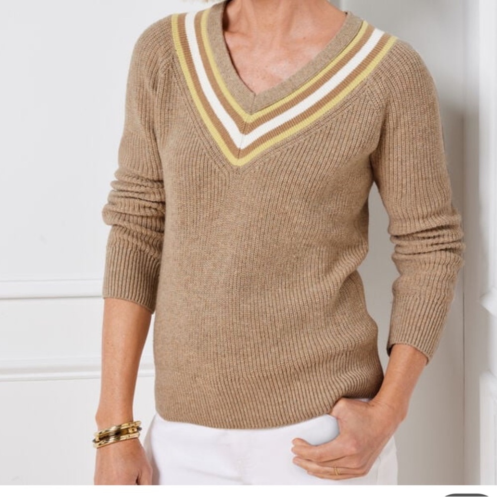 [Talbots] Cream and Yellow Textured V-Neck Pullover Tipped Sweater Sz: S